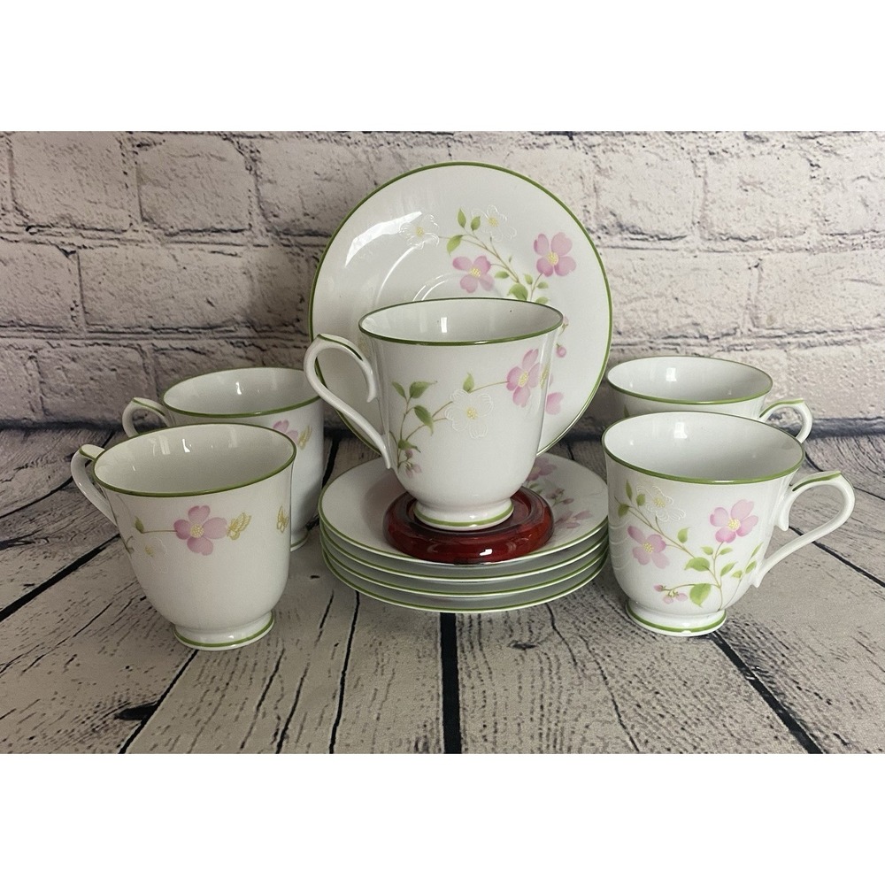 Noritake First Blush Tea Cup Saucer Set Of 4Pink & White Flower Green Trim #2605